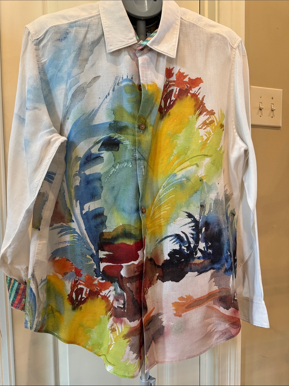 Robert Graham White Shirt Jacket with Multi-Color Watercolor Feather Print